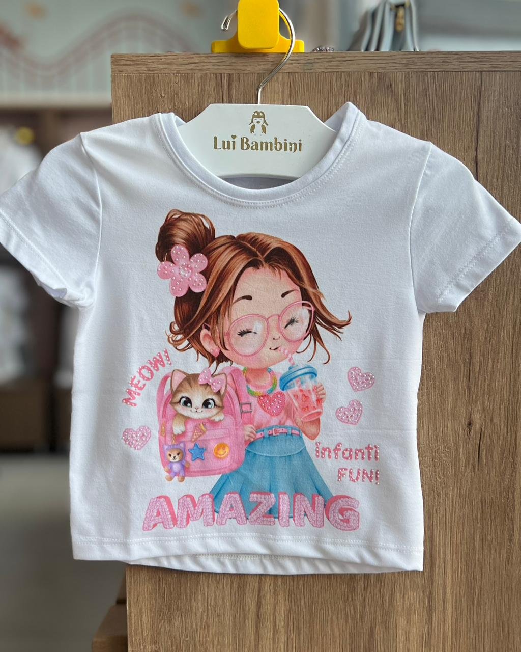 BLUSA MANGA CURTA GAROTINHA MILKSHAKE AMAZING CORAÇÕES STRASS MENINA INFANTI - BRANCO