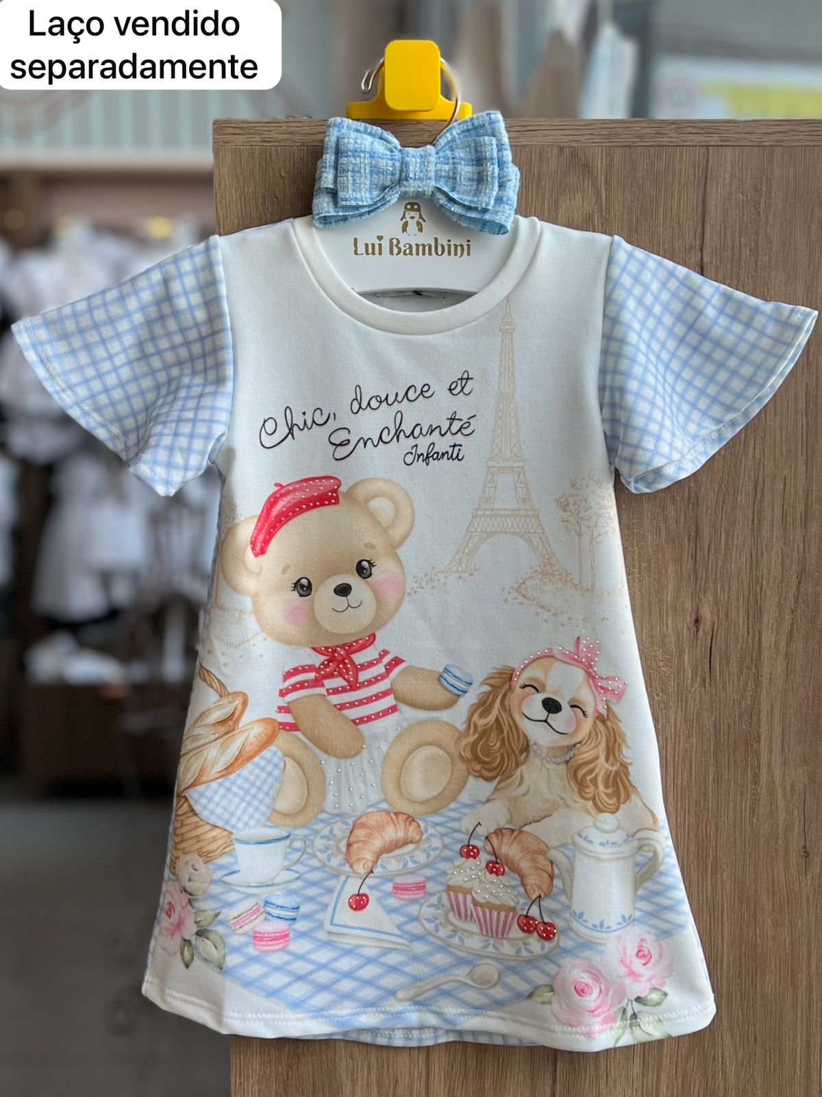 VESTIDO MANGA CURTA PIQUENIQUE URSO CHIC MENINA INFANTI - OFF/AZUL