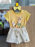 CONJUNTO BLUSA MANGA CURTA BICHINHOS MÚSICO E SHORT MOLETOM MENINA INFANTI - AMARELO/BEGE