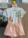 CONJUNTO BLUSA MANGA CURTA URSO ARVORE LARANJINHAS POM POM E SHORT MOLETOM CORDÃO MENINA INFANTI - OFF/LARANJA
