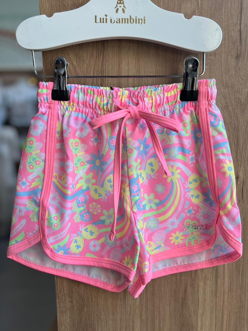 SHORT SAIDA DE PRAIA FLORES E BORBOLETAS CORDÃO NYLON MENINA INFANTI - ROSA
