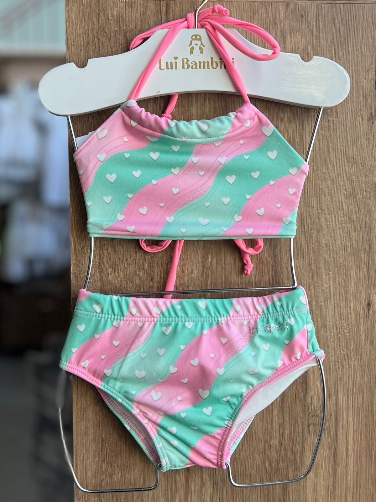 CONJUNTO BIQUINI ALÇA REVERSIVEL URSO BOIA CORAÇÕES PROTEÇÃO UV50+ MENINA INFANTI - ROSA/VERDE