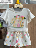 CONJUNTO BLUSA MANGA CURTA BABADO JARDIM FLORES E SHORT MENINA INFANTI - OFF