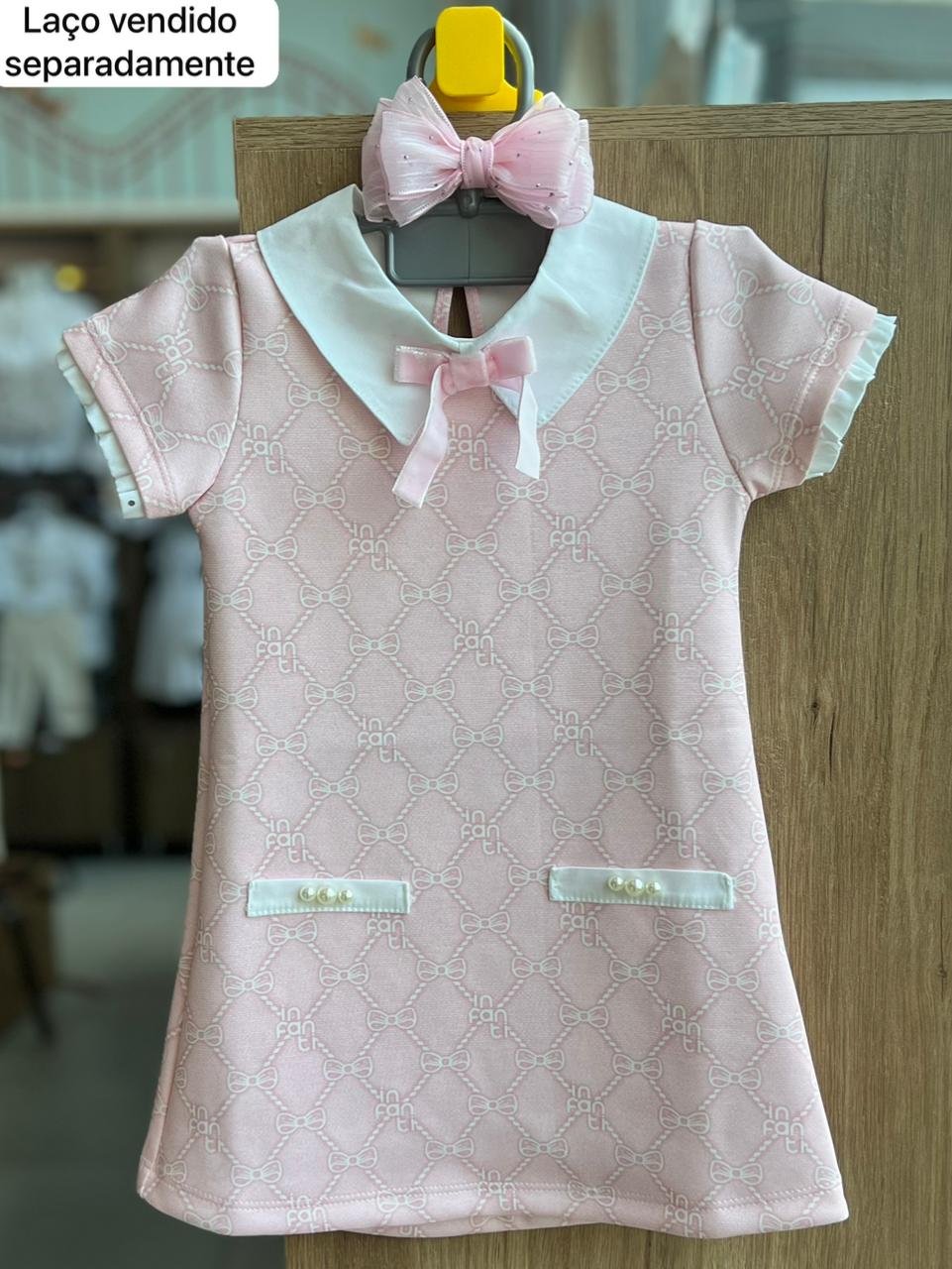 VESTIDO MANGA CURTA QUADRICULADO LAÇOS PÉROLAS MENINA INFANTI - ROSA