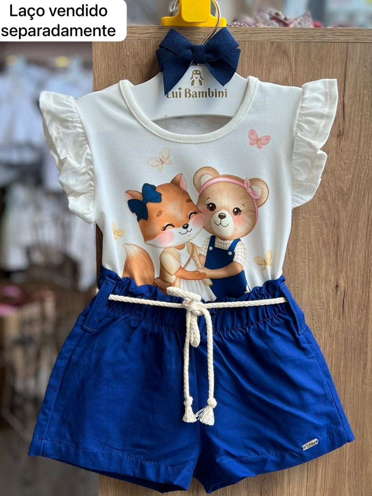 CONJUNTO BLUSA MANGA CURTA URSO RAPOSA E SHORT LINHO CORDÃO CINTO MENINA INFANTI - OFF/AZUL