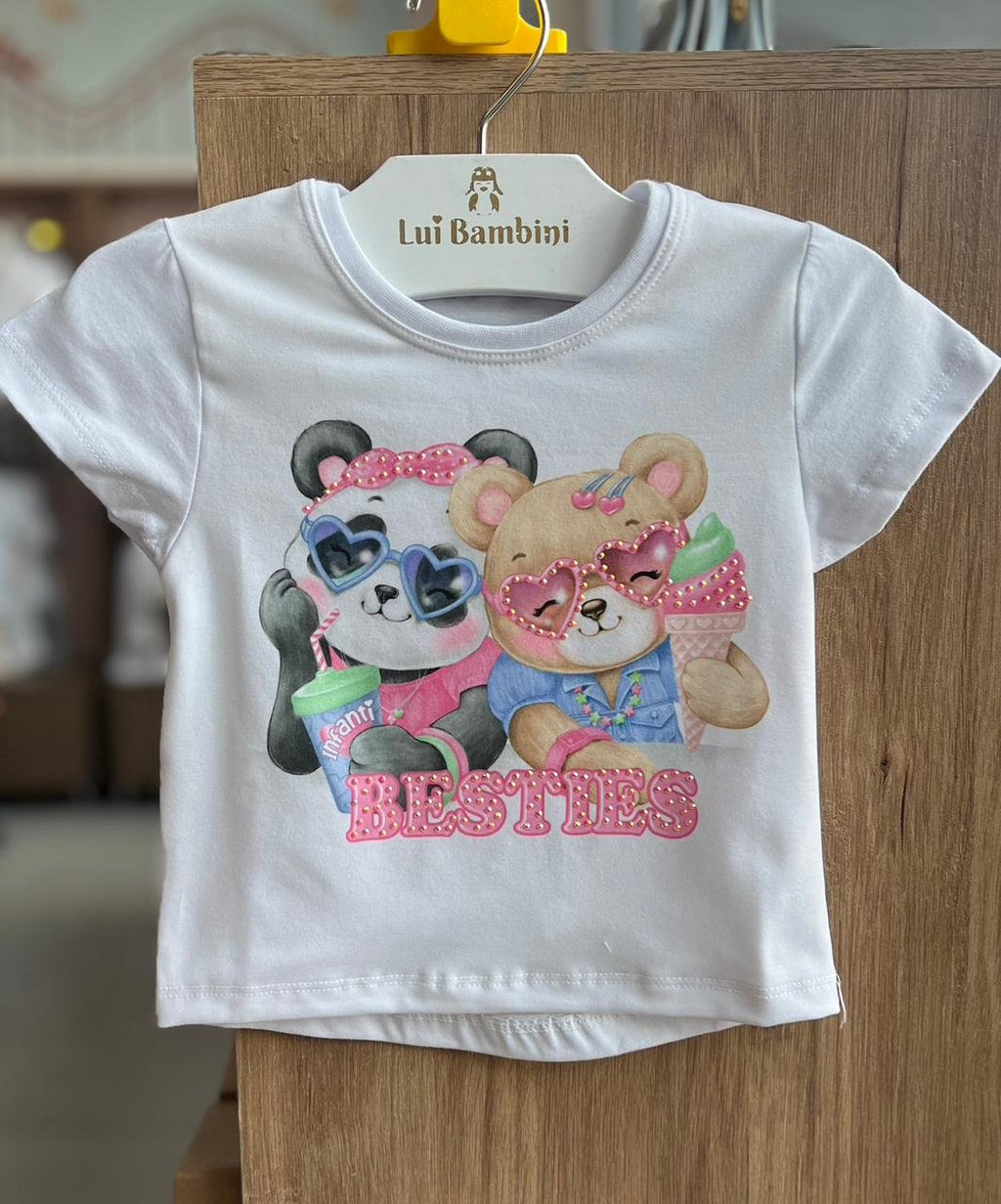 BLUSA MANGA CURTA URSOS ICE CREAM SORVETE STRASS MENINA INFANTI - BRANCO