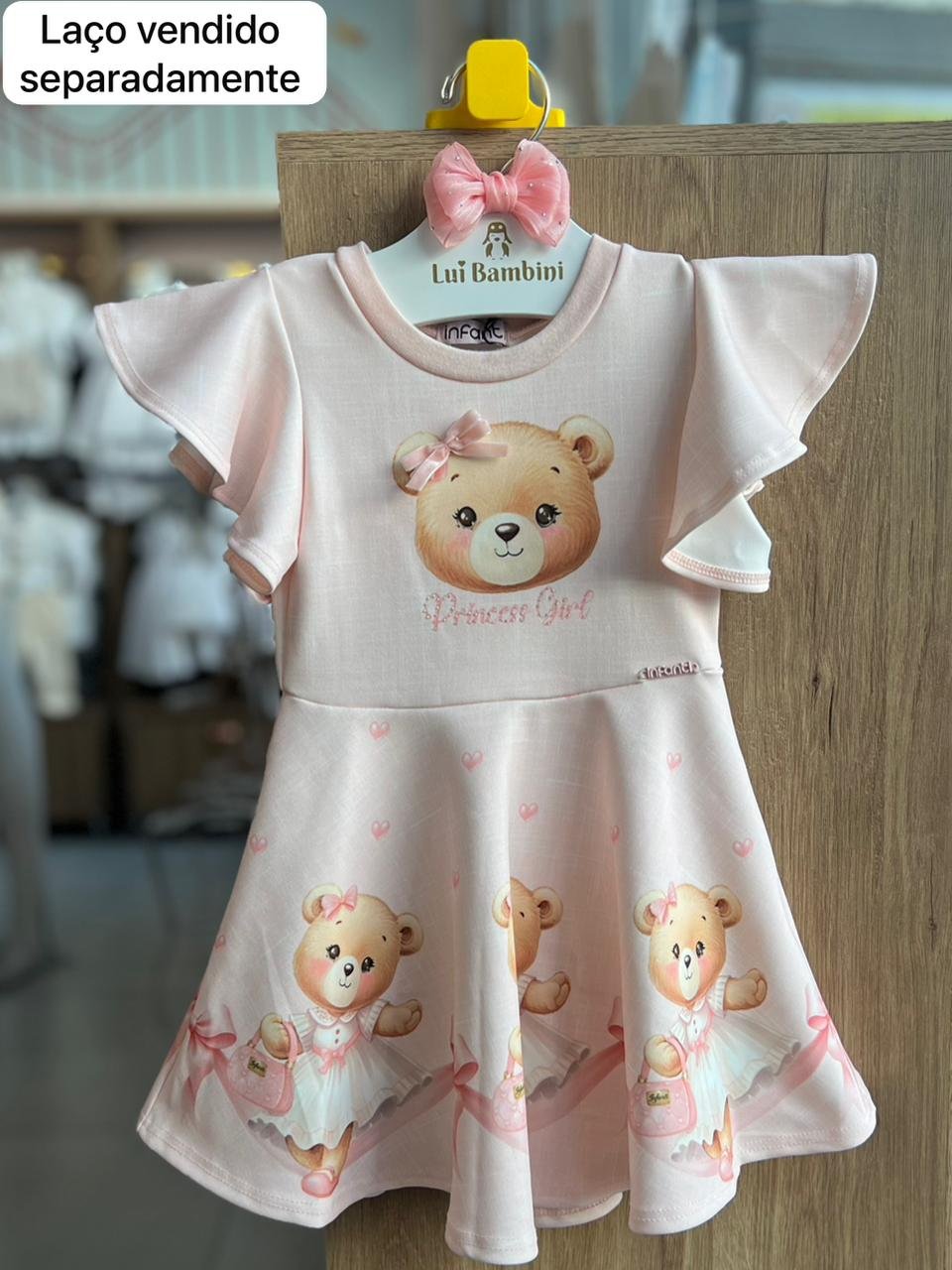 VESTIDO MANGA CURTA BABADO FLY TECH PRINCESS GIRL URSO LAÇO MENINA INFANTI - ROSA CLARO
