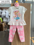 CONJUNTO BLUSA MANGA CURTA URSO LAÇO ICE CREAM SORVETE E CALÇA LEGGING CORAÇÃO MENINA INFANTI - OFF/ROSA