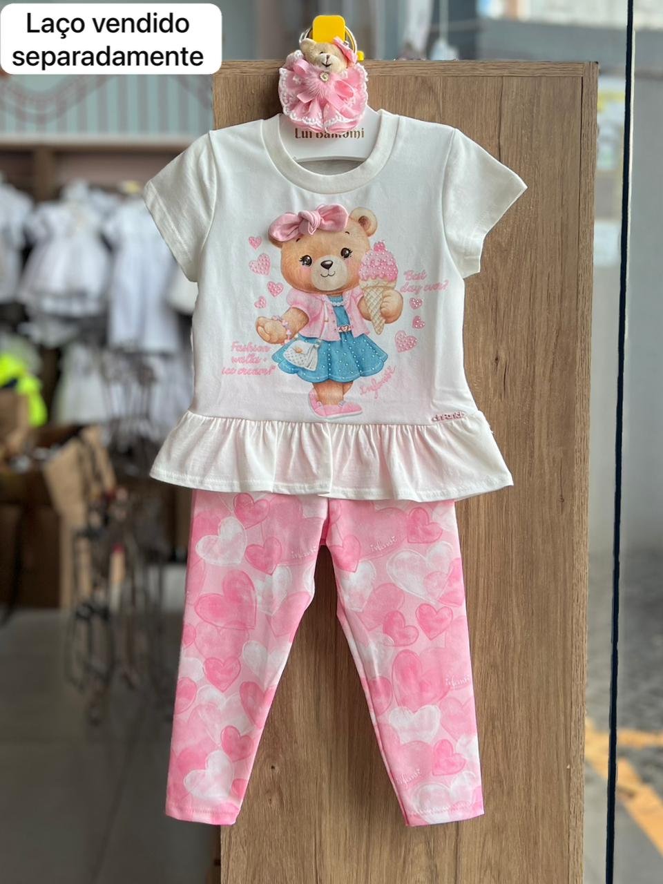 CONJUNTO BLUSA MANGA CURTA URSO LAÇO ICE CREAM SORVETE E CALÇA LEGGING CORAÇÃO MENINA INFANTI - OFF/ROSA