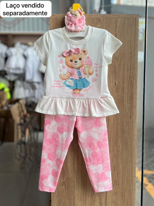 CONJUNTO BLUSA MANGA CURTA URSO LAÇO ICE CREAM SORVETE E CALÇA LEGGING CORAÇÃO MENINA INFANTI - OFF/ROSA