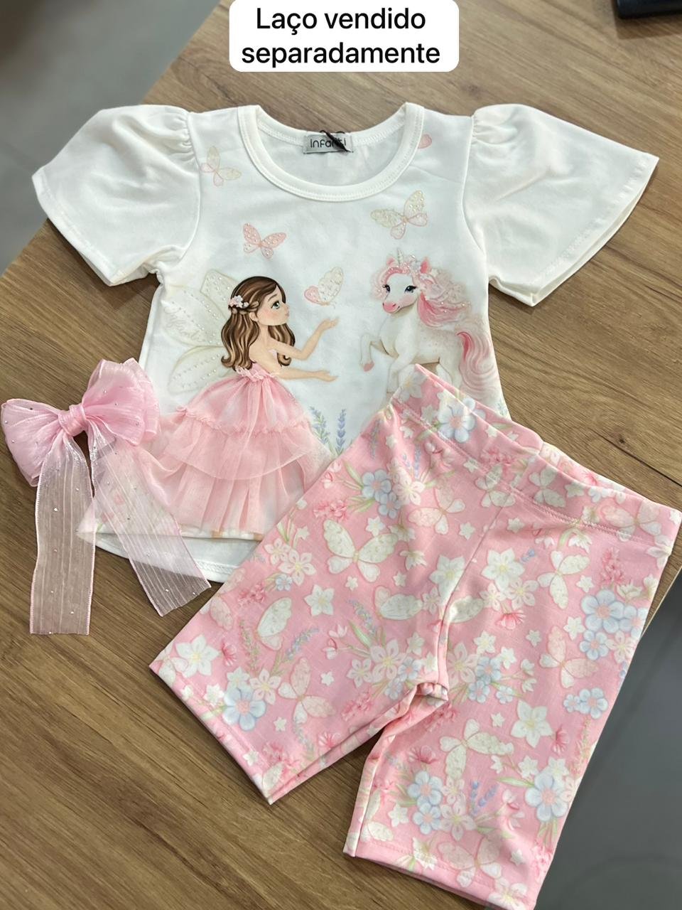 CONJUNTO BLUSA MANGA CURTA FADA BAILARINA UNICORNIO BORBOLETAS TULE E SHORT LEGGING MENINA INFANTI - OFF/ROSA