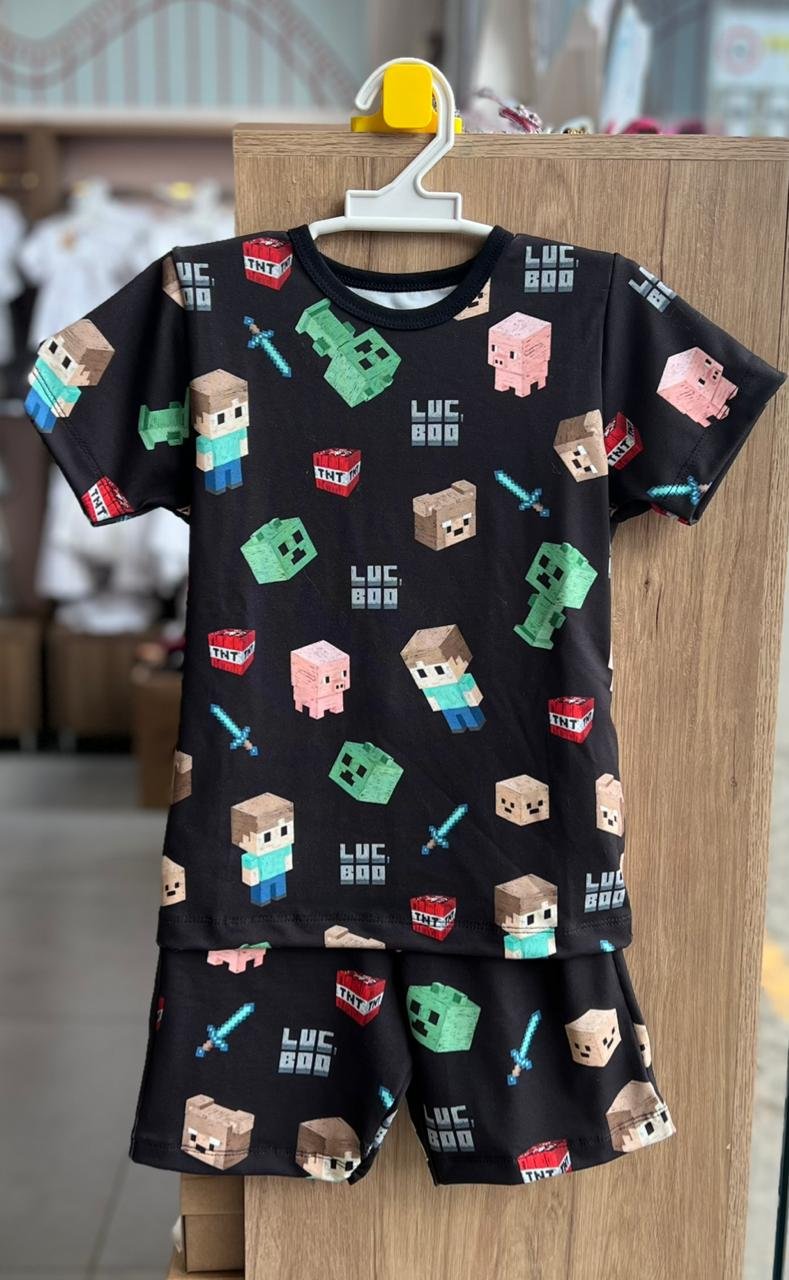 CONJUNTO PIJAMA MANGA CURTA MINCRAFT TNT E BERMUDA MENINO LUC BOO - PRETO