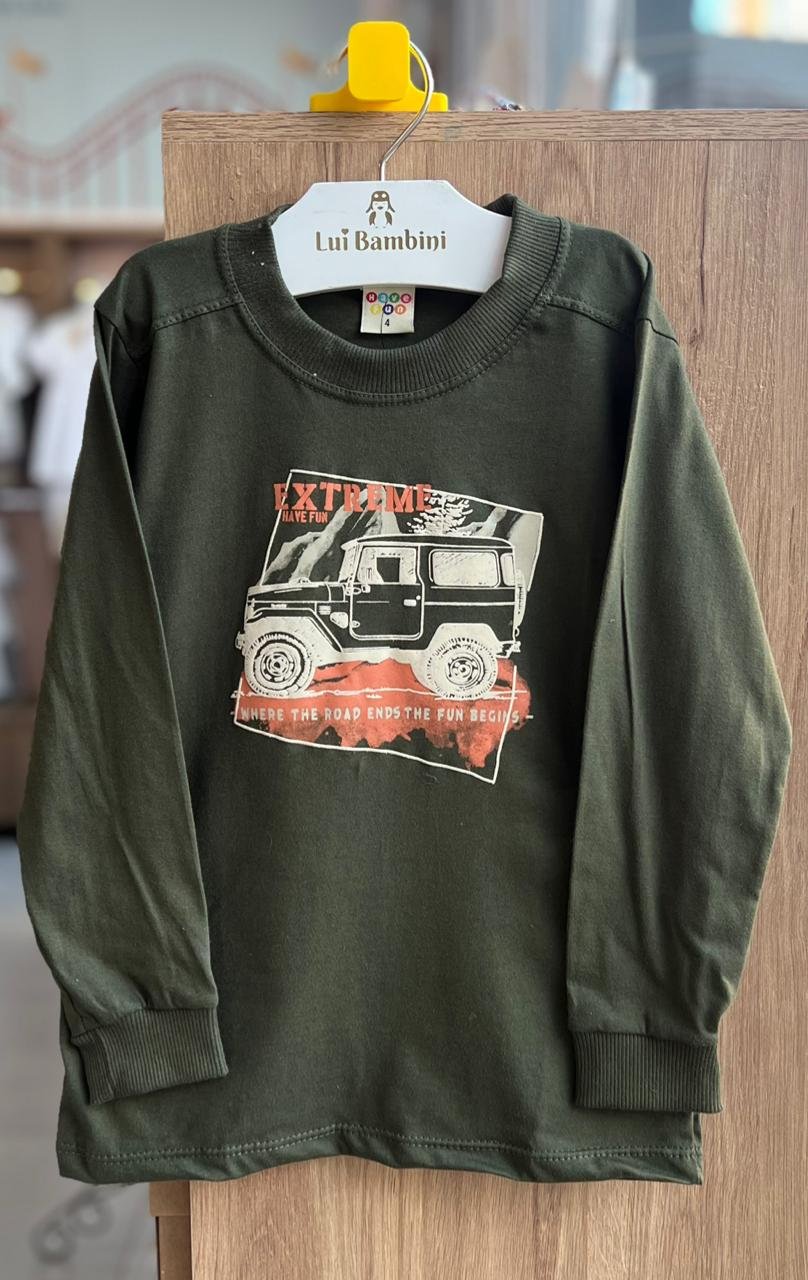 CAMISETA MANGA LONGA CARROS JEEP AVENTURAS EXTREME MENINO HAVE FUN - VERDE MILITAR