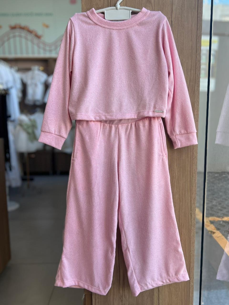 CONJUNTO BLUSÃO MANGA LONGA LISO BÁSICO MOLETOM TRICO E CALÇA MENINA HAVE FUN - ROSA