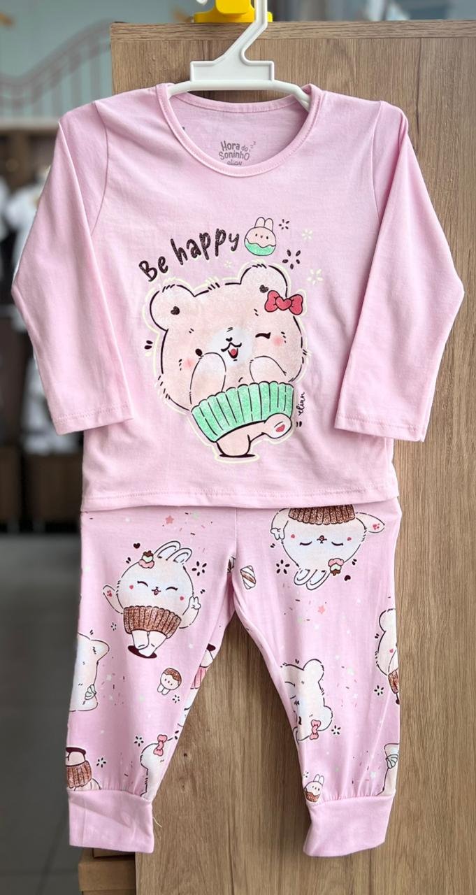 CONJUNTO PIJAMA MANGA LONGA URSO BE HAPPY BRILHA NO ESCURO E CALÇA MENINA ELIAN - ROSA CLARO