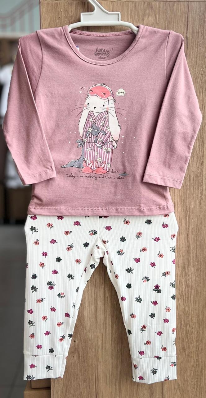 CONJUNTO PIJAMA MANGA LONGA COELHO BRILHA NO ESCURO E CALÇA MENINA ELIAN - ROSE/OFF