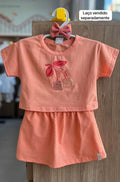CONJUNTO BLUSA MANGA CURTA PAETES CEREJAS E SAIA MENINA ELIAN - LARANJA