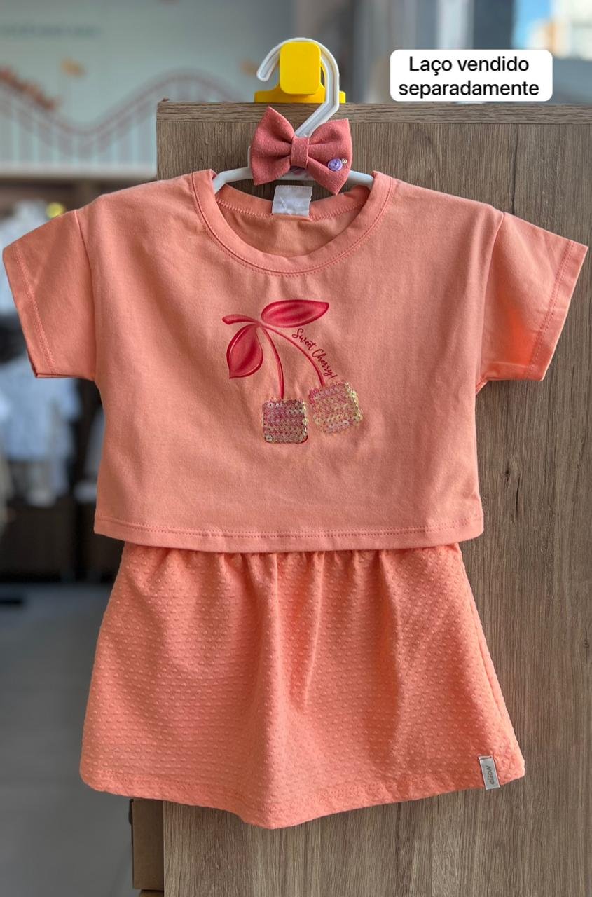 CONJUNTO BLUSA MANGA CURTA PAETES CEREJAS E SAIA MENINA ELIAN - LARANJA