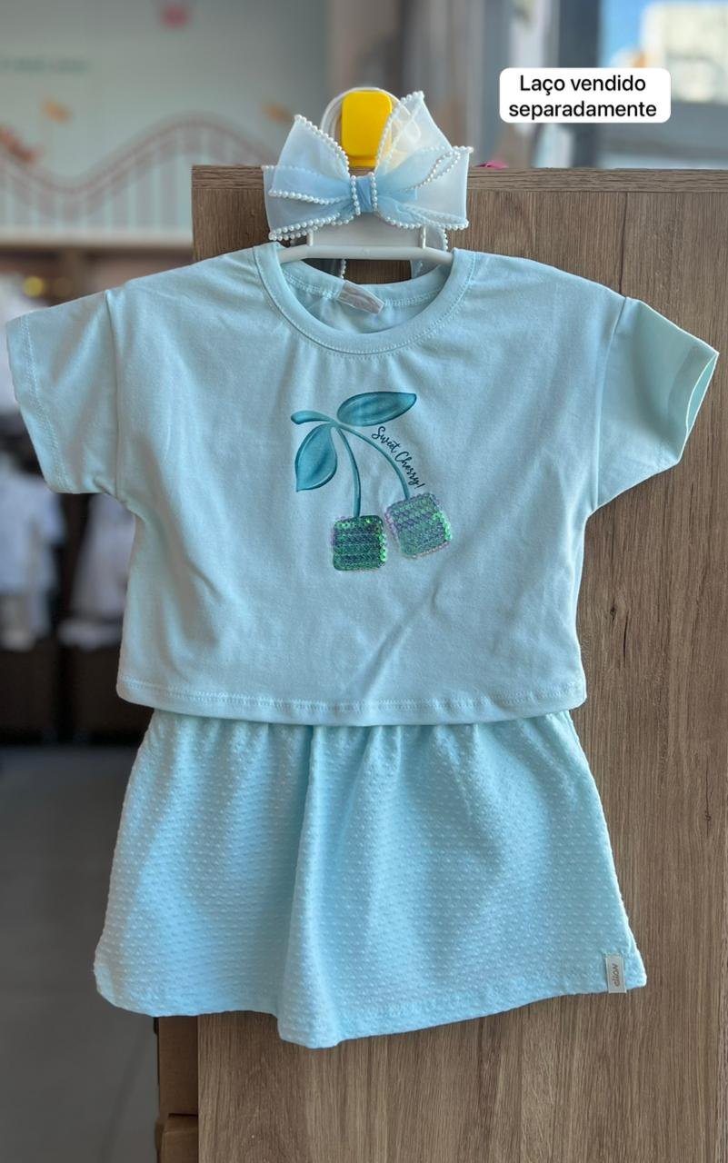 CONJUNTO BLUSA MANGA CURTA PAETES CEREJAS E SAIA MENINA ELIAN - AZUL