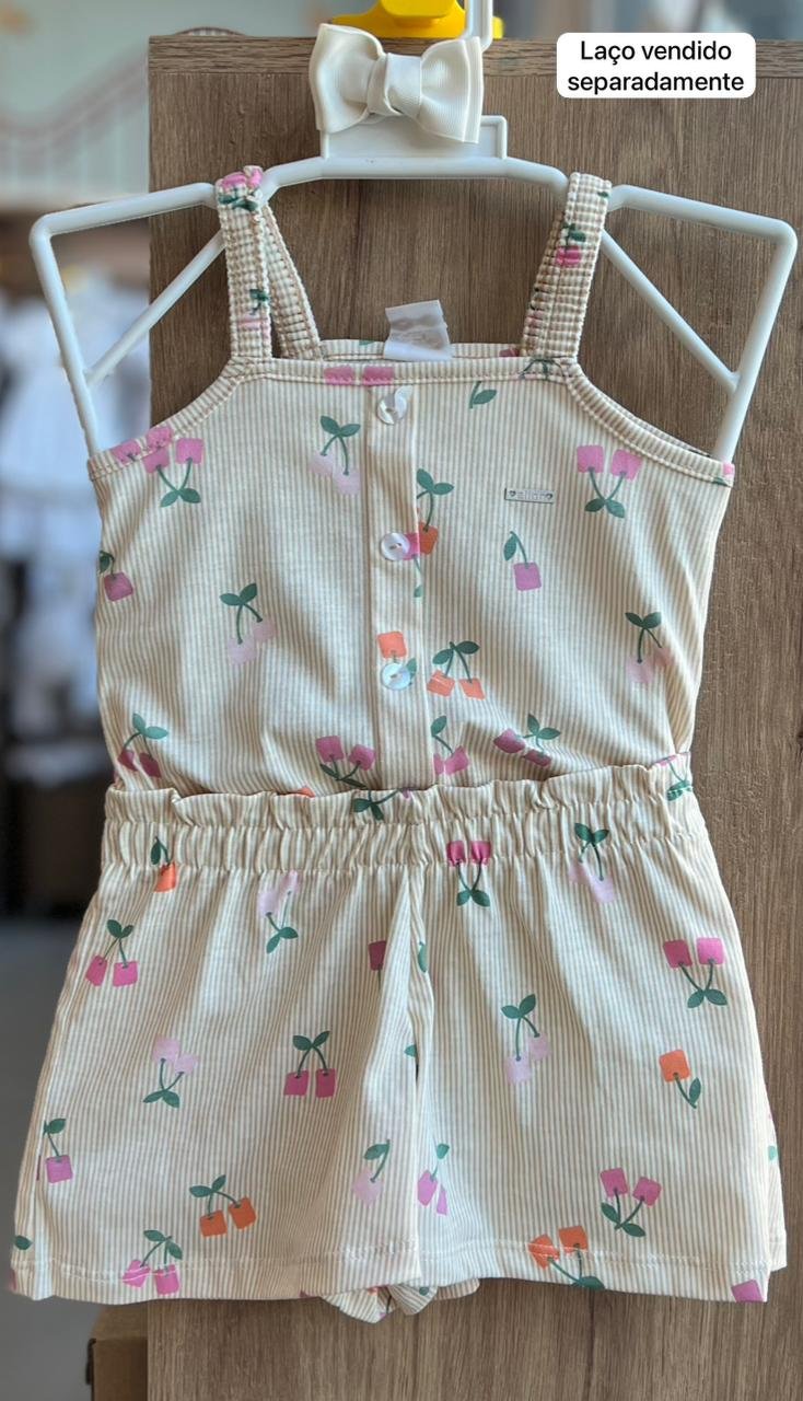 CONJUNTO BLUSA ALÇA CEREJAS QUADRADAS E SHORT MENINA ELIAN - BEGE