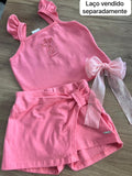 CONJUNTO BLUSA ALÇA BABADO FLOR BORDADO E SHORT SAIA MENINA ELIAN - ROSA