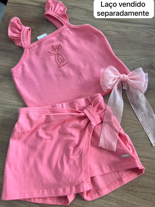 CONJUNTO BLUSA ALÇA BABADO FLOR BORDADO E SHORT SAIA MENINA ELIAN - ROSA