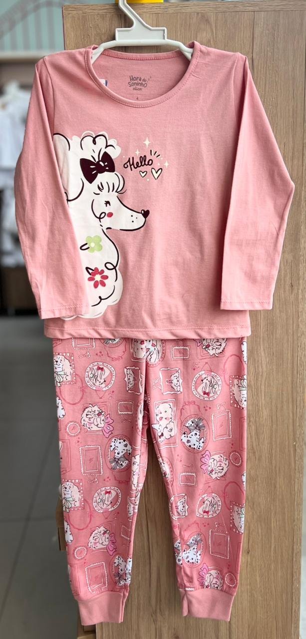CONJUNTO PIJAMA MANGA LONGA CACHORRO HELLO FLOR E CALÇA BRILHA NO ESCURO MENINA ELIAN - ROSA