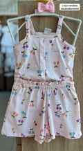 CONJUNTO BLUSA ALÇA CEREJAS QUADRADAS E SHORT MENINA ELIAN - ROSA