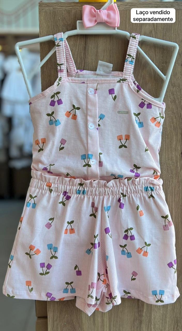 CONJUNTO BLUSA ALÇA CEREJAS QUADRADAS E SHORT MENINA ELIAN - ROSA