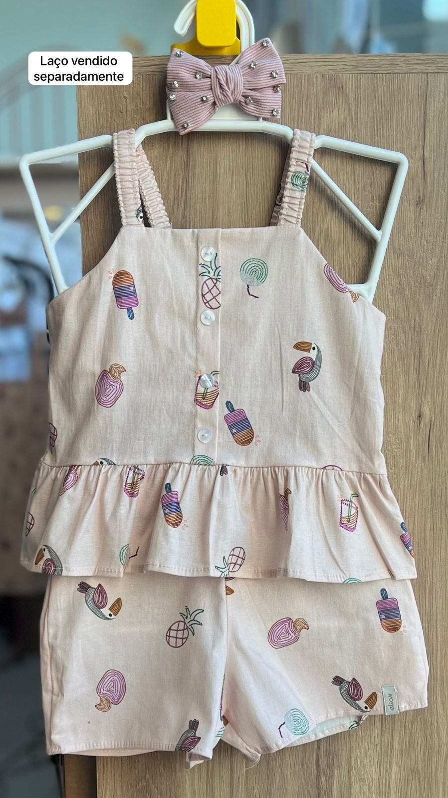 CONJUNTO BLUSA ALÇA BABADO PICOLE TUCANO E SHORT MENINA ELIAN - BEGE