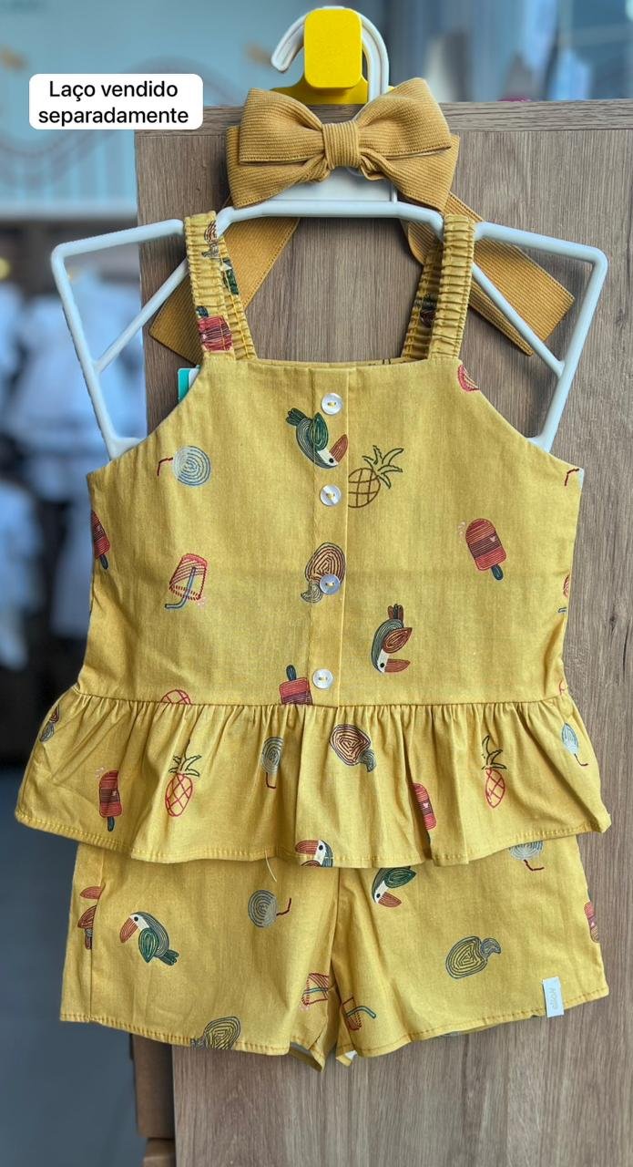 CONJUNTO BLUSA ALÇA BABADO PICOLE TUCANO E SHORT MENINA ELIAN - AMARELO