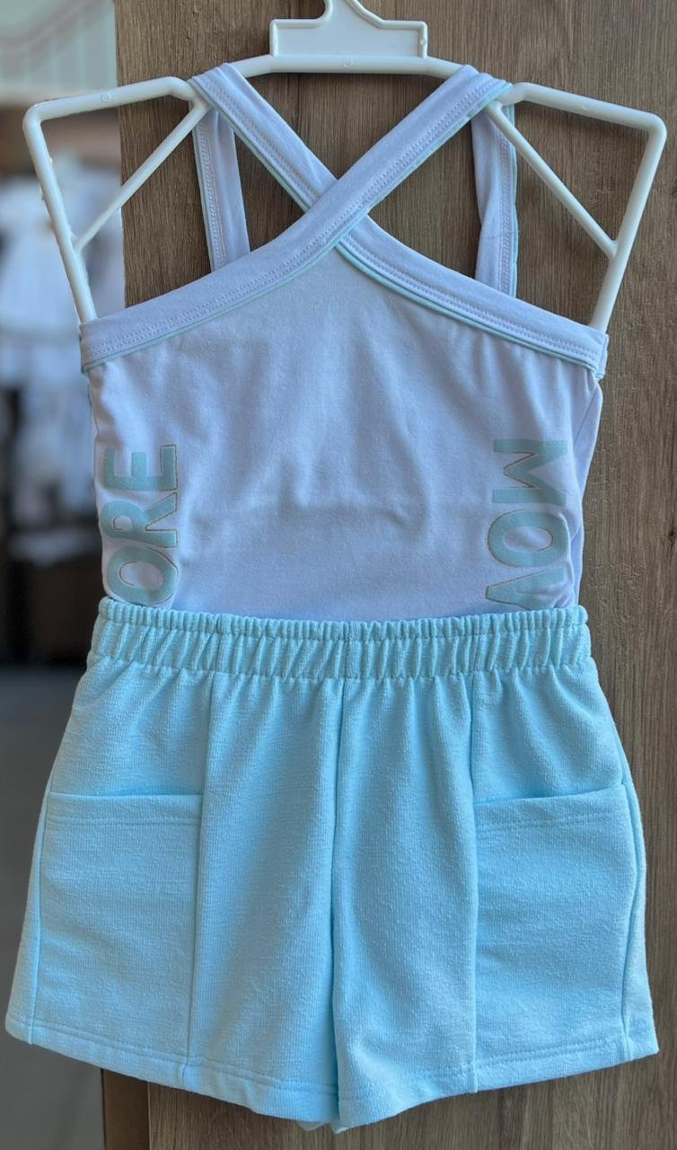 CONJUNTO BLUSA ALÇA MOVE MORE E SHORT MENINA ELIAN - BRANCO/AZUL