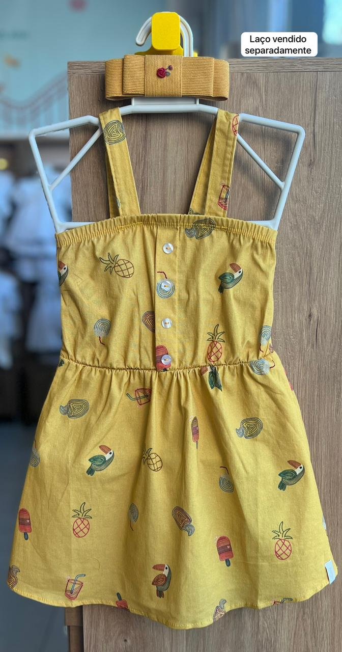 VESTIDO ALÇA FRUTAS TROPICAIS BOTÕES MENINA ELIAN - AMARELO