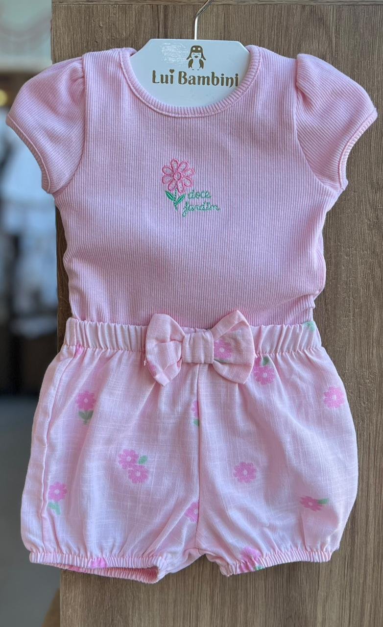 CONJUNTO BODY MANGA CURTA CANELADO FLOR PAETES DOCE JARDIM BORDADO E SHORT MENINA PULLA BULLA - ROSA CLARO