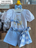 CONJUNTO BLUSA MANGA CURTA CESTO CEREJAS STASS LAÇOS E SHORT MENINA PULLA BULLA - BRANCO/AZUL