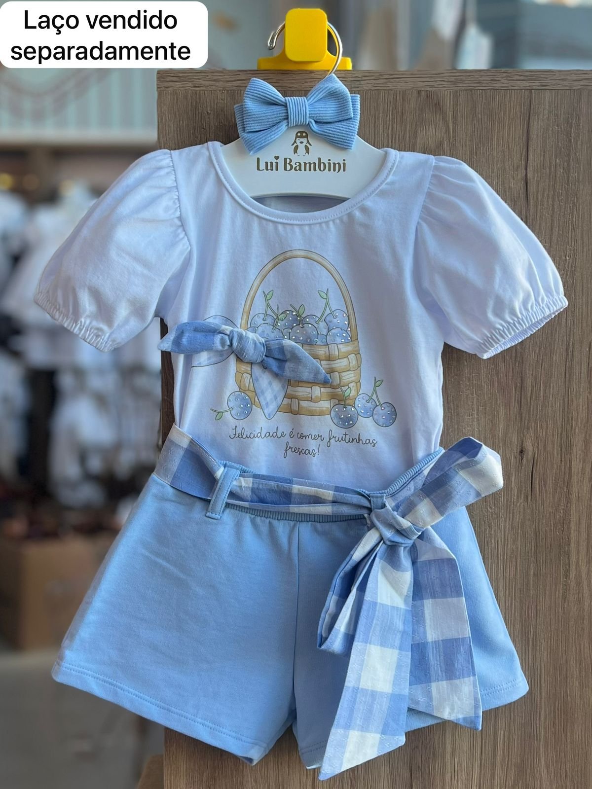 CONJUNTO BLUSA MANGA CURTA CESTO CEREJAS STASS LAÇOS E SHORT MENINA PULLA BULLA - BRANCO/AZUL