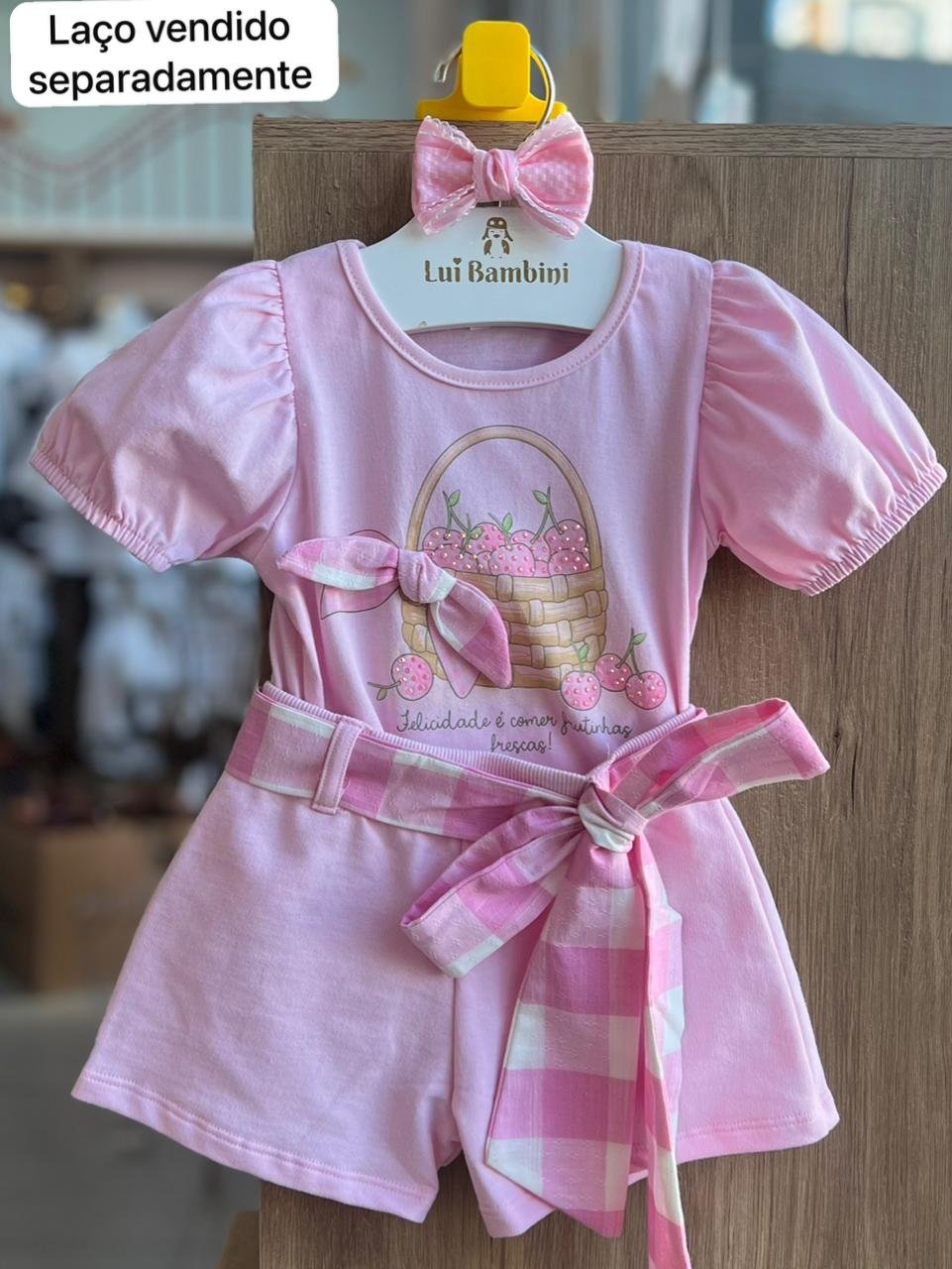 CONJUNTO BLUSA MANGA CURTA CESTO CEREJAS STASS LAÇOS E SHORT MENINA PULLA BULLA - ROSA