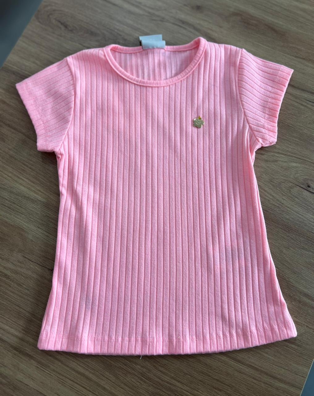 BLUSA MANGA CURTA CANELADO MINIMALISTA FLOR PINGENTE MENINA PULLA BULLA - ROSA CLARO
