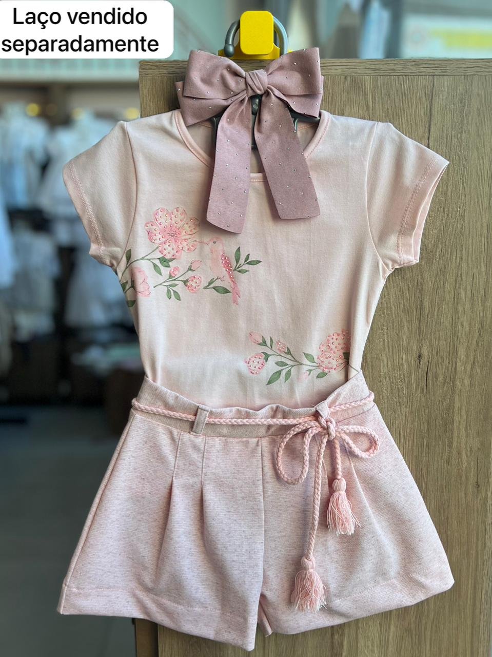 CONJUNTO BLUSA MANGA CURTA BEIJA FLOR STRASS E SHORT CORDÃO MENINA PULLA BULLA - ROSA