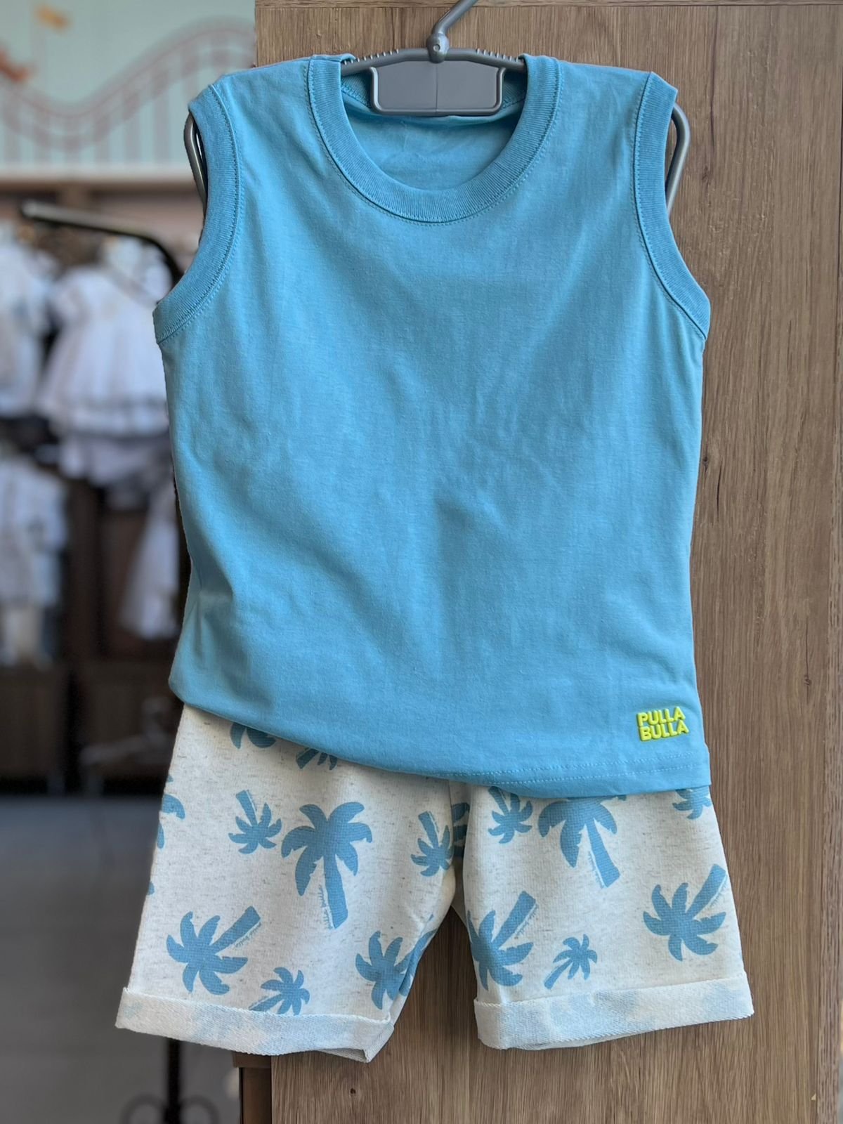 CONJUNTO CAMISETA REGATA BÁSICA E BERMUDA COQUEIROS MENINO PULLA BULLA - AZUL/OFF