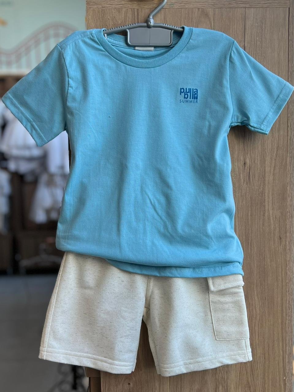 CONJUNTO CAMISETA MANGA CURTA SUMMER COQUEIRO E BERMUDA MENINO PULLA BULLA - AZUL/AREIA