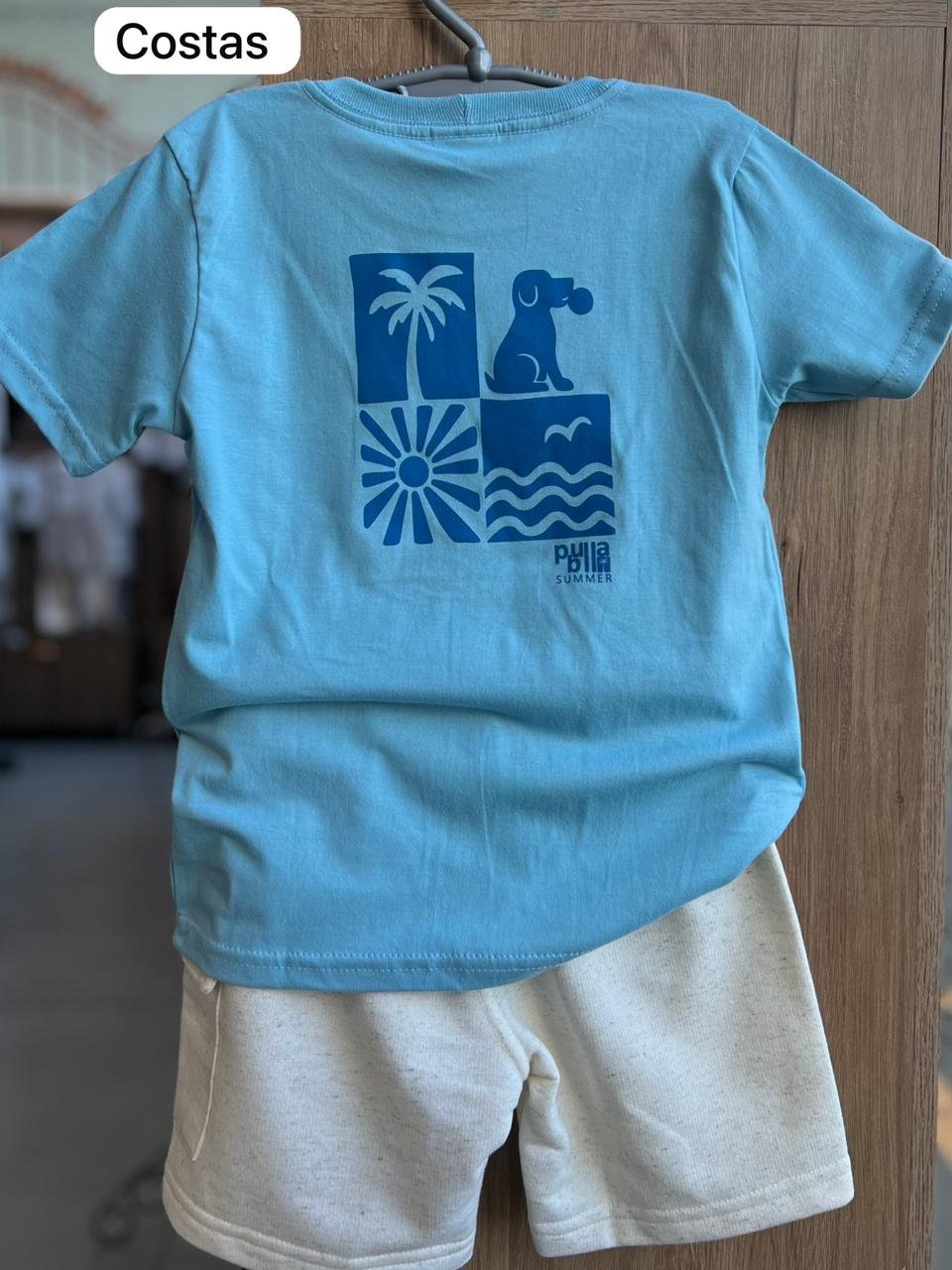 CONJUNTO CAMISETA MANGA CURTA SUMMER COQUEIRO E BERMUDA MENINO PULLA BULLA - AZUL/AREIA
