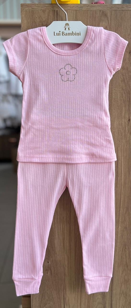 CONJUNTO PIJAMA BLUSA MANGA CURTA CANELADO FLOR STRASS E CALÇA MENINA PULLA BULLA - ROSA