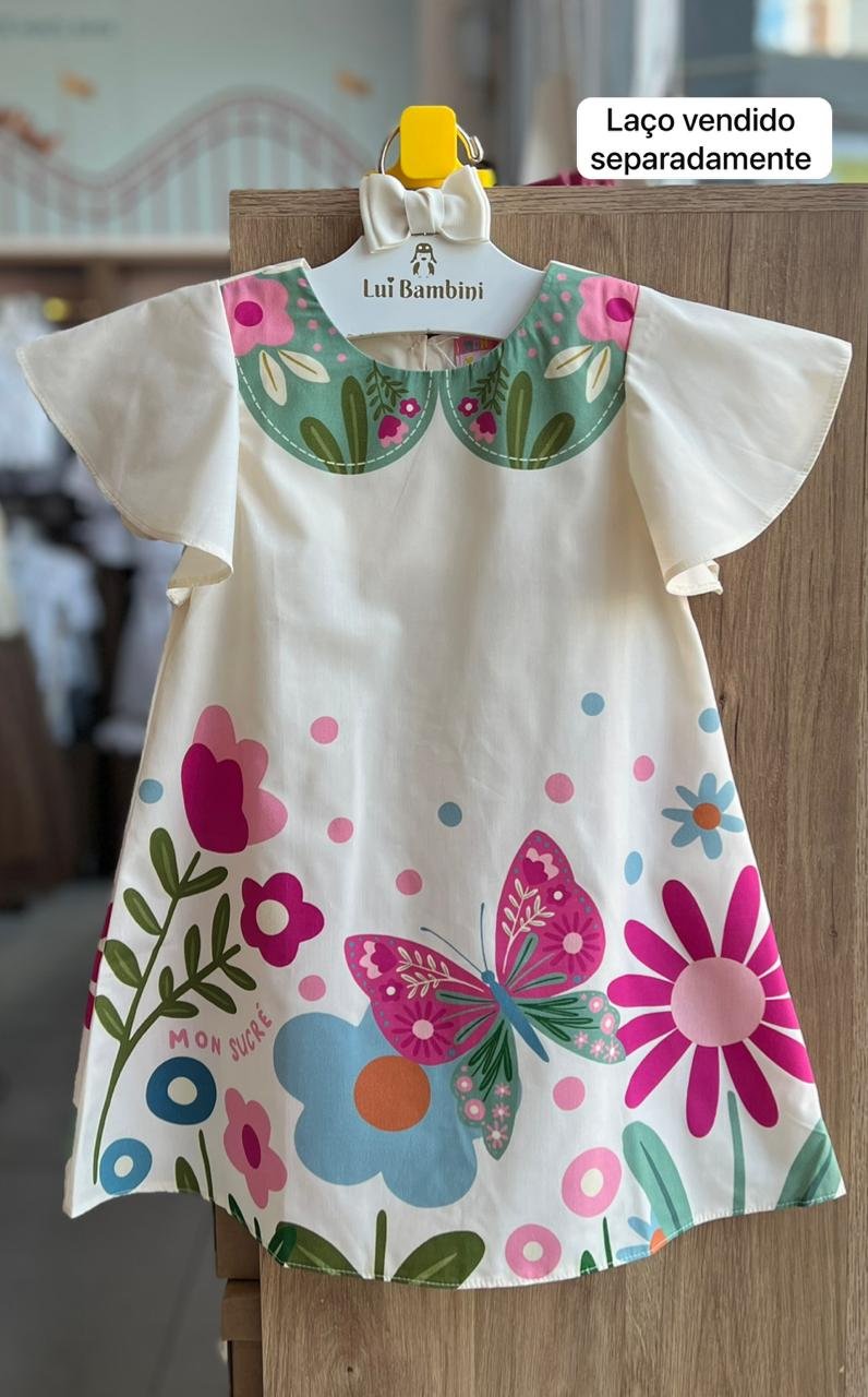 VESTIDO MANGA CURTA BABADO BORBOLETAS FLORES MENINA MON SUCRE - CREME/VERDE