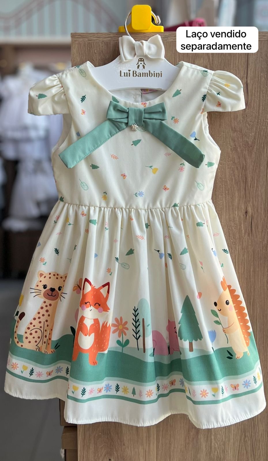 VESTIDO MANGA CURTA RAPOSA LAÇO FLORESTA MENINA MON SUCRE - CREME/VERDE