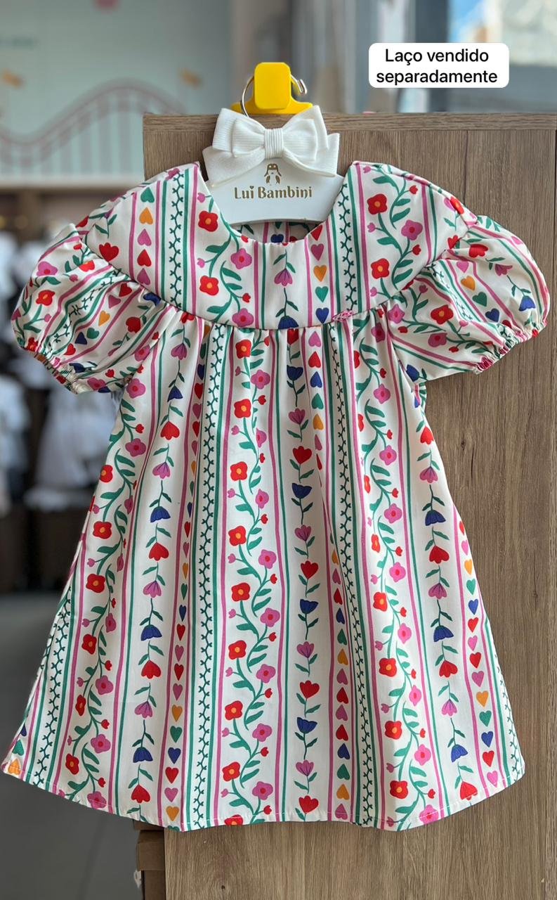 VESTIDO MANGA CURTA JARDIM FLORES LISTRAS MENINA MON SUCRE - OFF