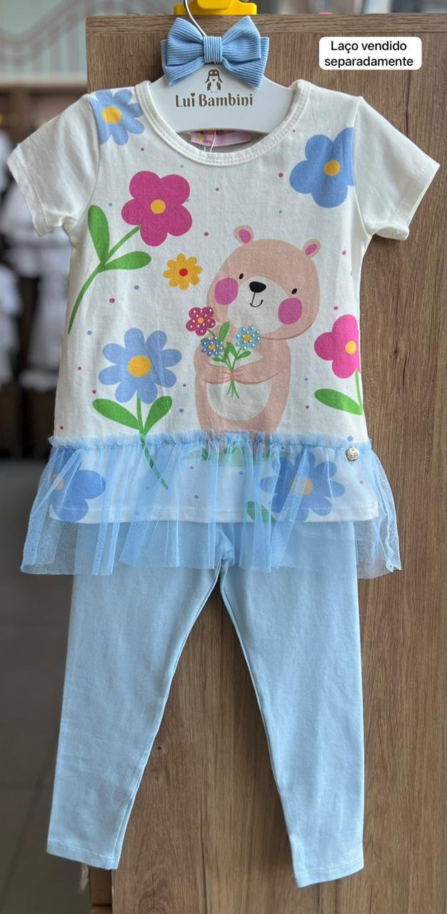 CONJUNTO BLUSA MANGA CURTA BABADO TULE URSO FLORES E CALÇA LEGGING MENINA MON SUCRE - OFF/AZUL