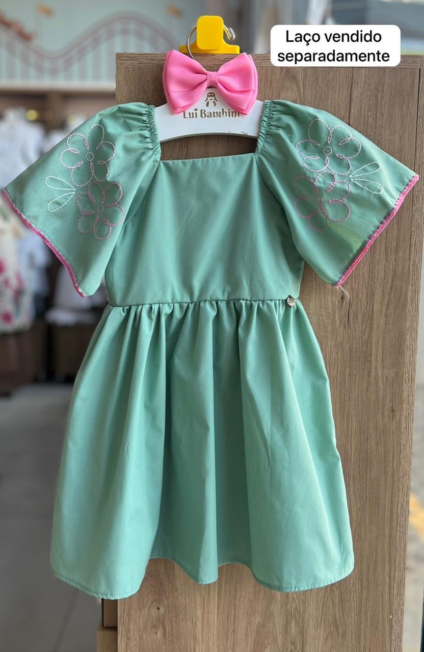 VESTIDO MANGA CURTA BABADO BORDADO FLORES MENINA MON SUCRE - VERDE
