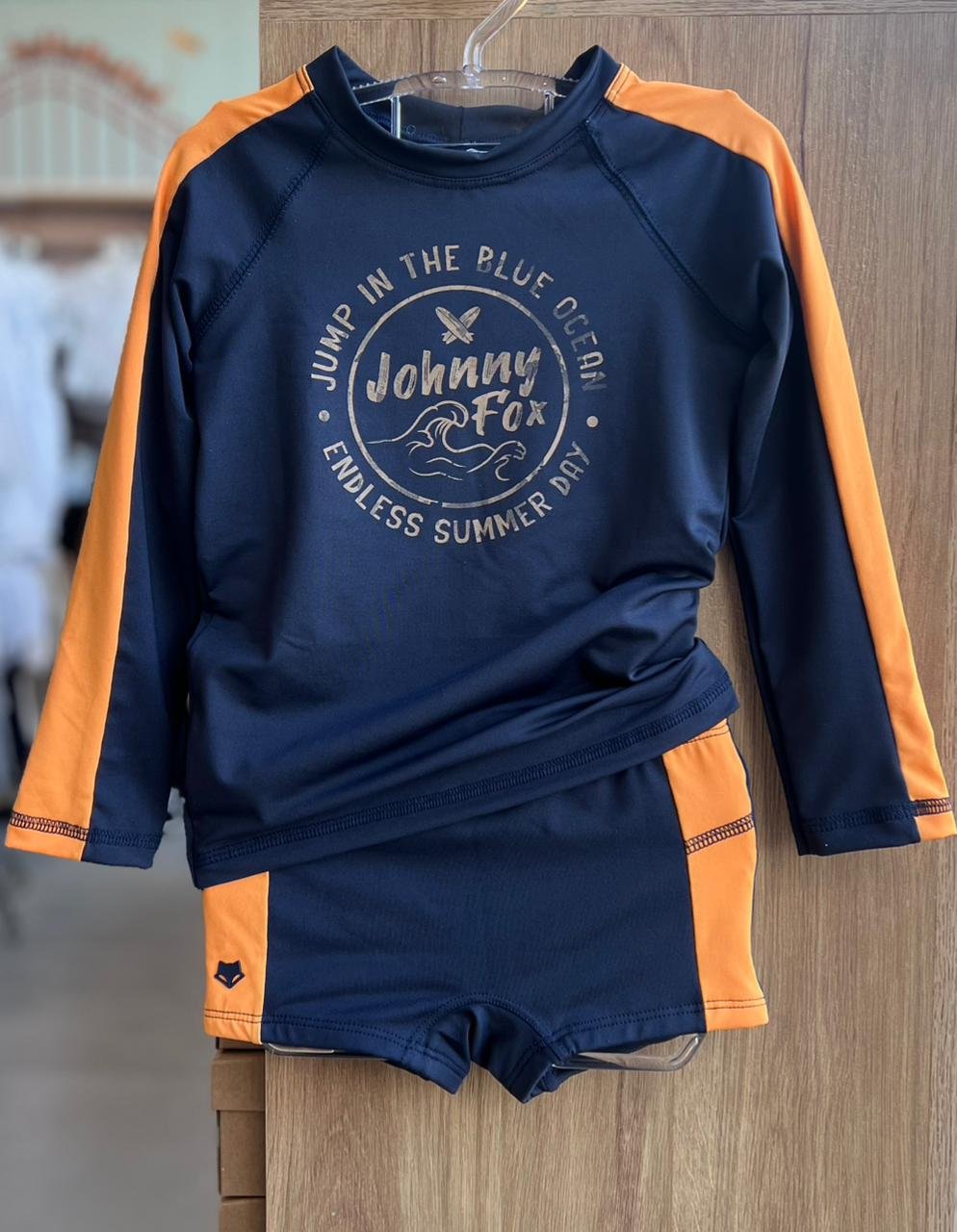 CONJUNTO CAMISETA MANGA LONGA JUMP PROTEÇÃO UV50+ E SUNGA RAPOSA MENINO JOHNNY FOX - MARINHO