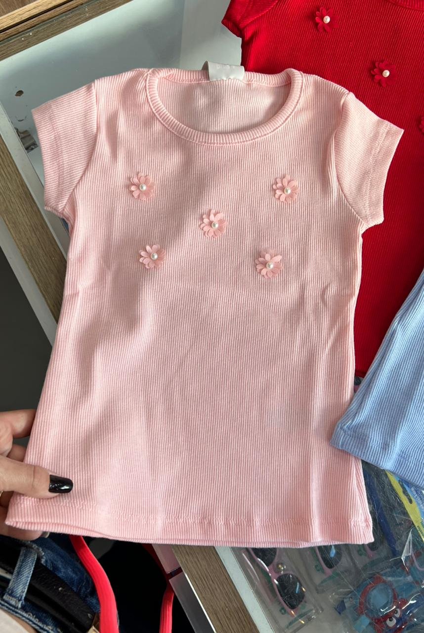 BLUSA MANGA CURTA PÉROLAS FLORES CANELADA MENINA PULLA BULLA - ROSA CLARO